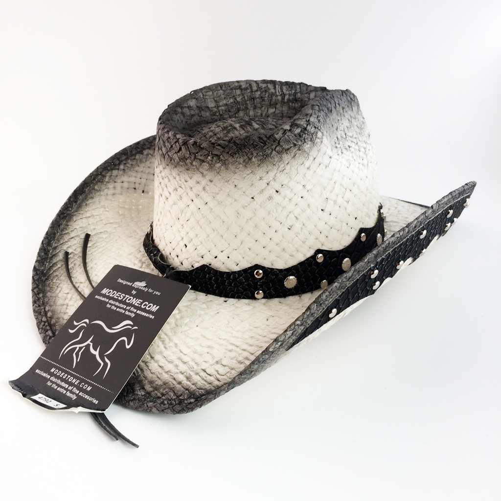 ref:4792 Chapeau country western paille couleur noire/blanc homme/femme