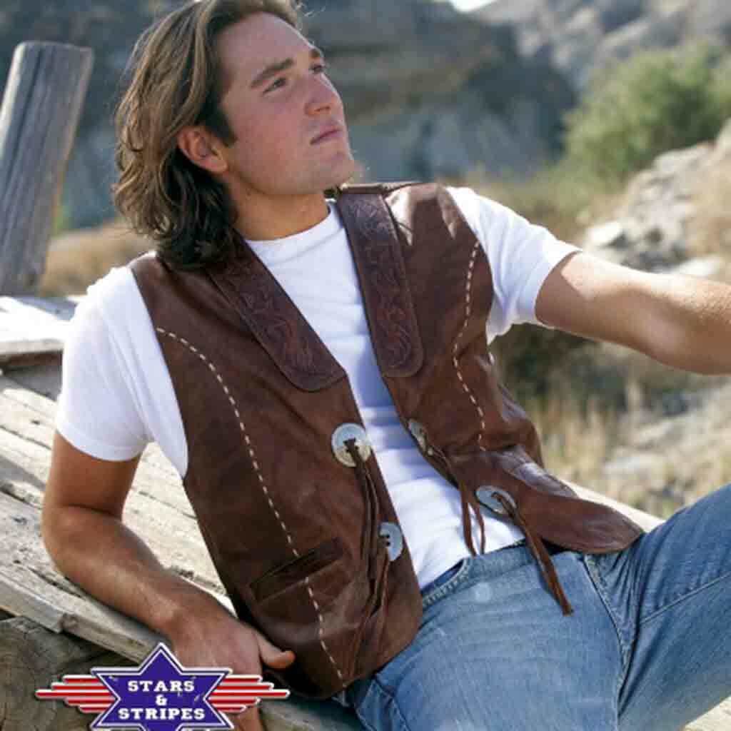 Ref ALAMO GILETS cuir marron western country Stars u0026 Stripes homme | la  joya-western