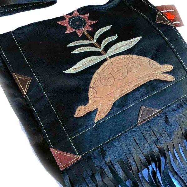 ref-04022023TORTUE NOIR Sac indien à franges Western Cuir tortue made in CANADA unisexe
