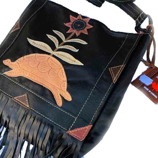 ref-04022023TORTUE NOIR Sac indien à franges Western Cuir tortue made in CANADA unisexe