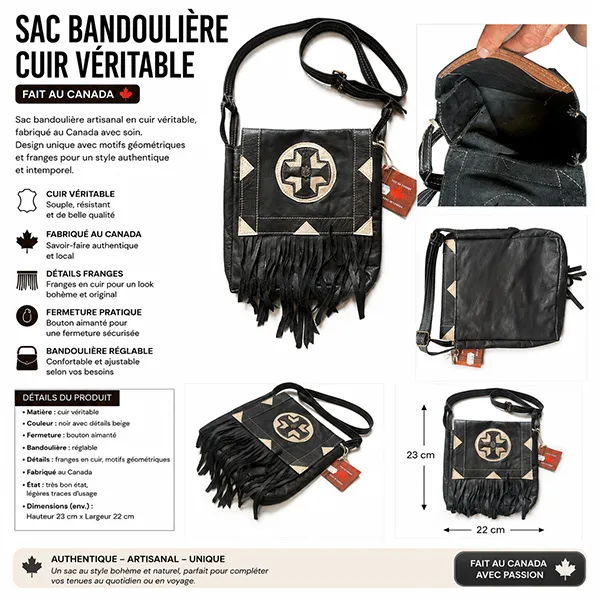 ref-SAC3-CANA022026 FLECHES Sac indien à franges Western Country Cuir made in CANADA unisexe la joya western Strasbourg