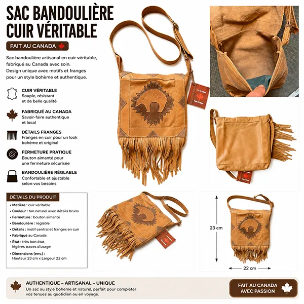 ref-SAC4-CANA022026 FLECHES Sac indien à franges Western Country Cuir made in CANADA unisexe la joya western Strasbourg