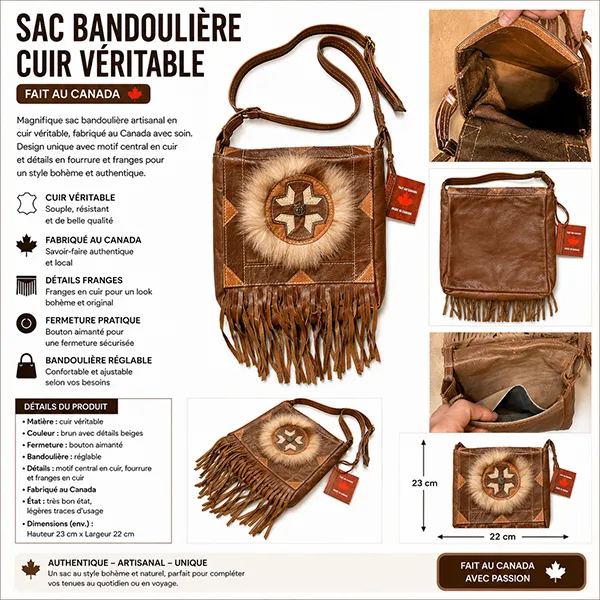 ref-SAC5-CANA022026 Sac en cuir marron indien à franges Western Country made in CANADA unisexe indien à franges Western Country Cuir made in CANADA unisexe la joya western Strasbourg