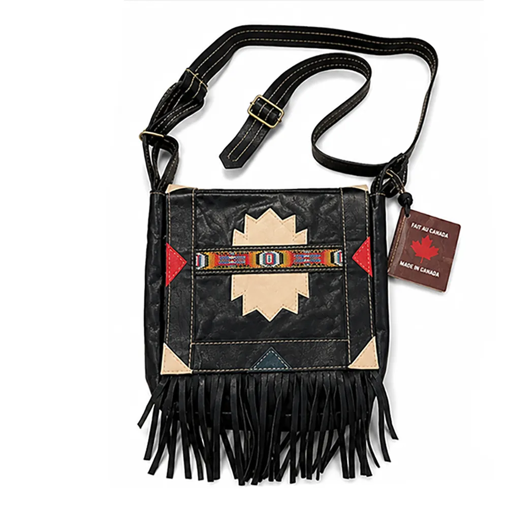 ref-SAC8-CANA022026 Sac en cuir noir indien à franges Western Country made in CANADA unisexe